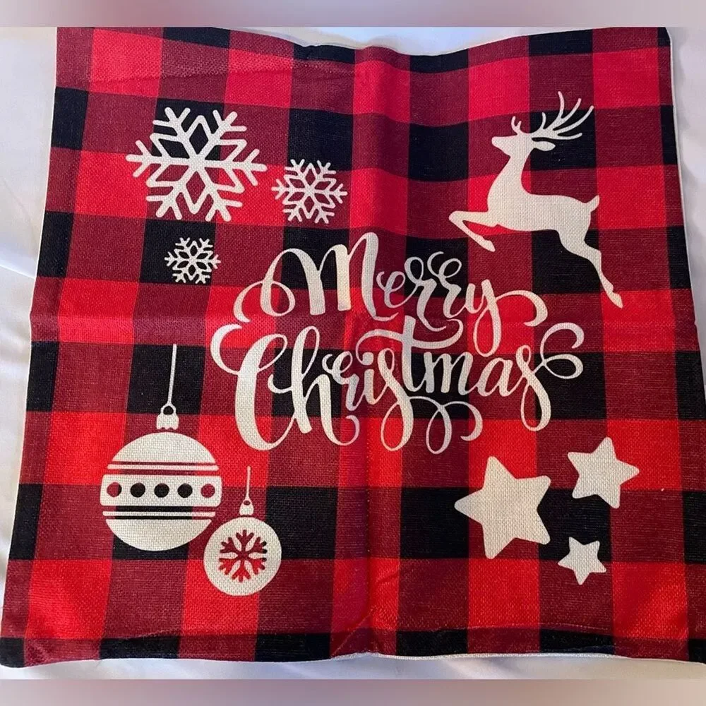 Christmas Holiday Pillow Cover Set of 4 Snowflakes and Reindeer 18x18 in